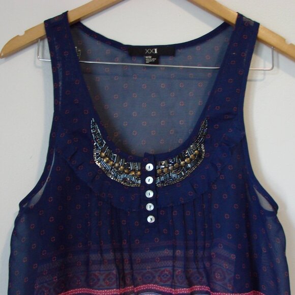 Beaded Flowy Tank Top Boho Hippie Blue Red Asymmetrical Hem Sheer Size Medium - Picture 2 of 13